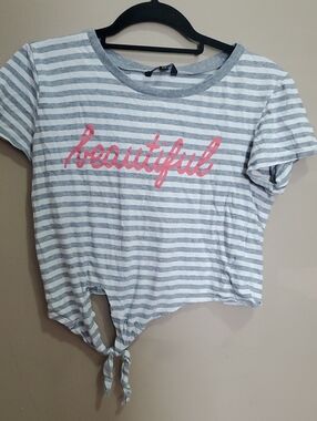 George Striped Tie-Front Top "Beautiful" - Gray & Pink Size Medium